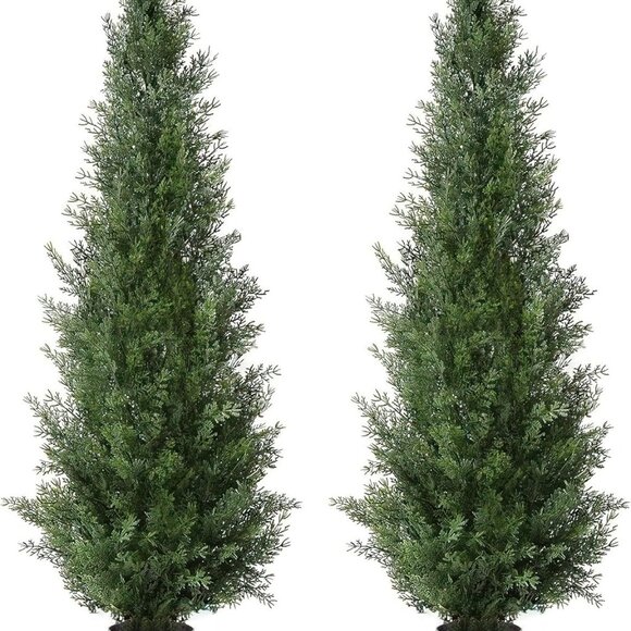 Other - Set of 2 Pre-Potted 4 Feet Faux Cedar Tree, Lifelike UV Protected Front Door Dec